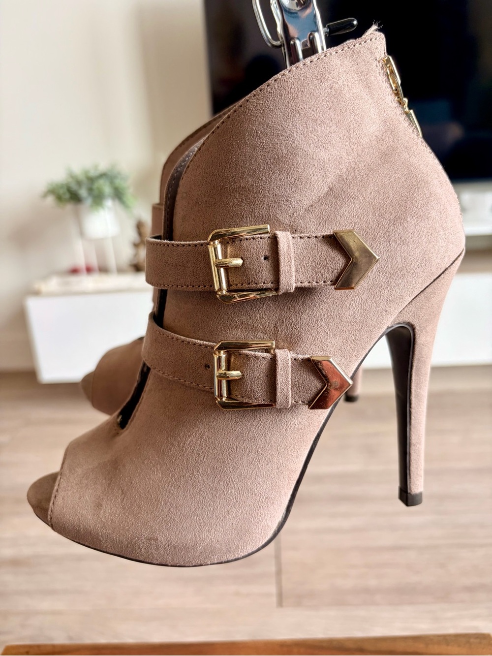 GUESS Taupe Suede Peep-Toe Ankle Booties with Gold Buckles